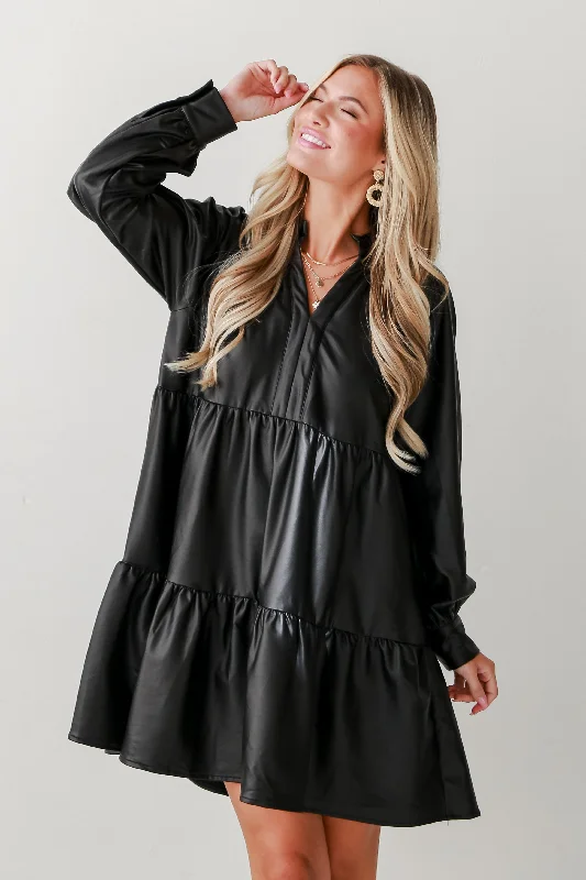 FINAL SALE - Alluring Reputation Black Tiered Leather Mini Dress