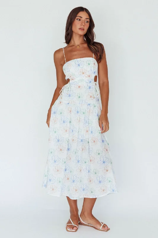 Aloha Cut-Out Waist Midi Dress Floral Blue