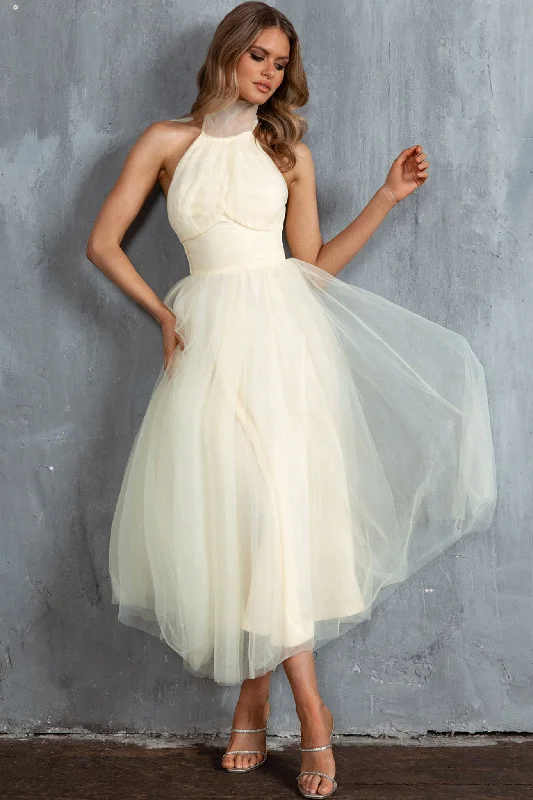 Andria Halterneck Tulle Midi Dress Butter