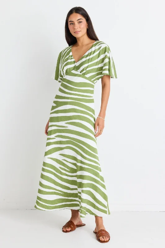 Anticipate Green Zebra Kimono Short Sleeve Bias Maxi Dress