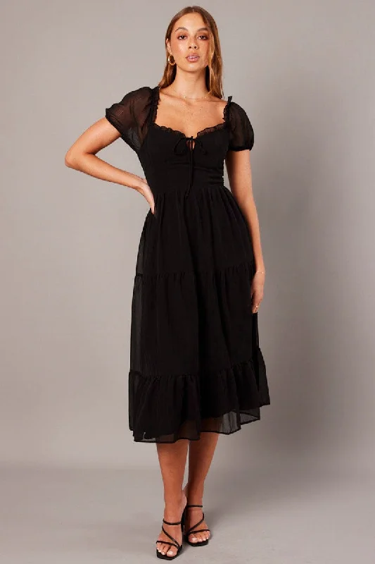 Black Midi Dress Puff Sleeve