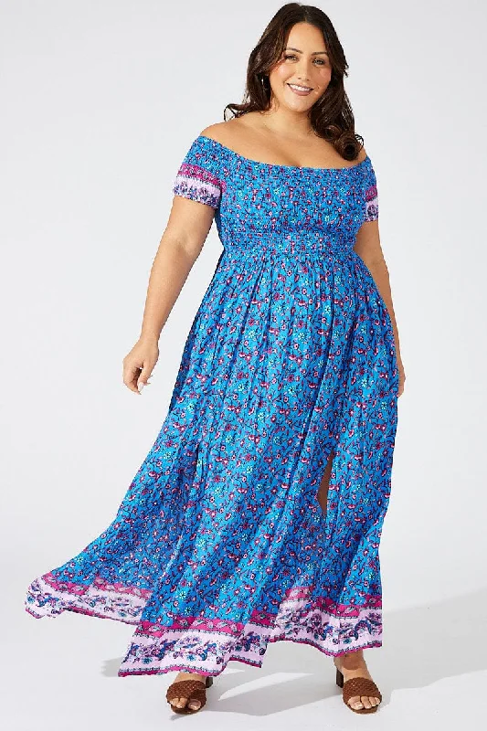 Blue Boho Maxi Dress Short Sleeve Shirred