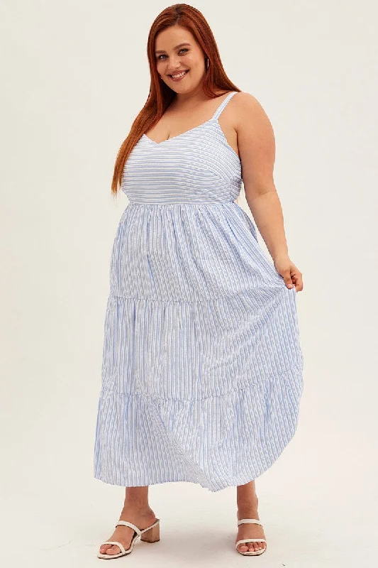 Blue Stripe Maxi Dress Sleeveless V-neck Tiered