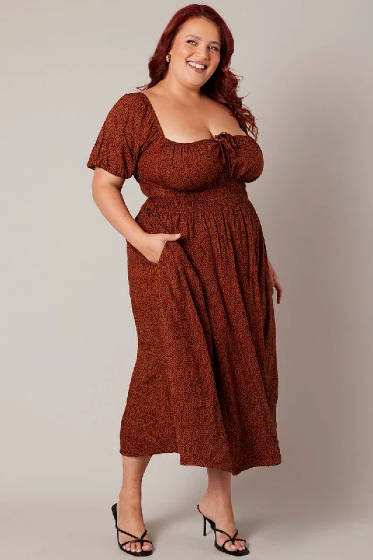 Brown Geo Midi Dress Short Sleeve Ruched Bust