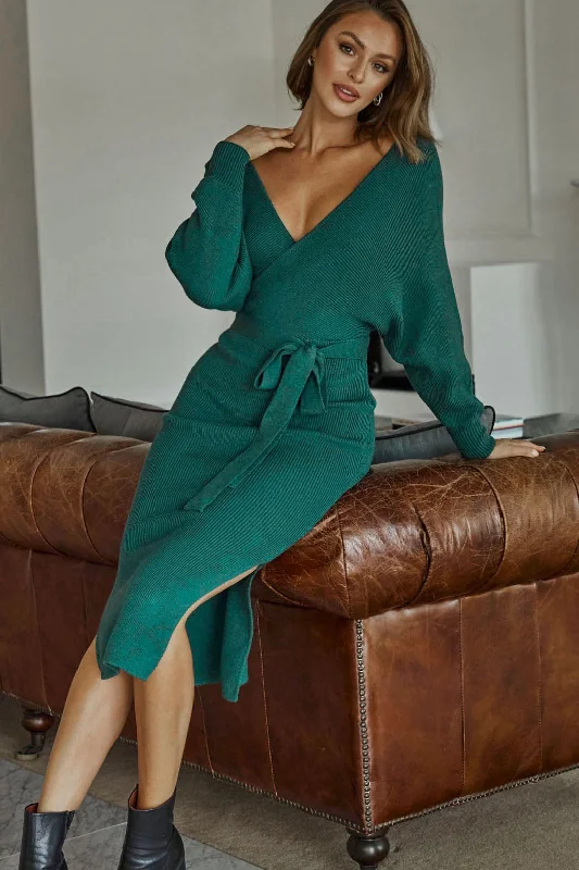 Cameo Batwing Knit Midi Dress Forest Green