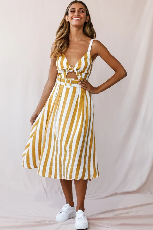 Crystal Tied Knot Belt Midi Dress Mustard