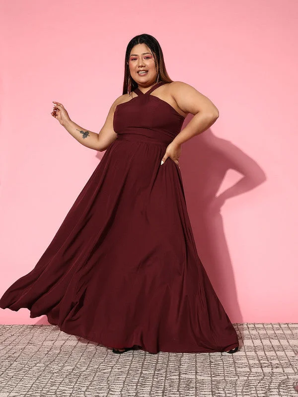 Berrylush Women Plus Size Solid Maroon Halter Neck Sleeveless Crepe Flared Maxi Dress