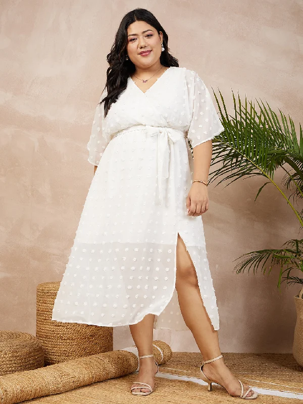 Berrylush Women Plus Size Swiss Dot White V-Neck Batwing Sleeve Tie-Up Waist Georgette Fit & Flare Wrap Maxi Dress