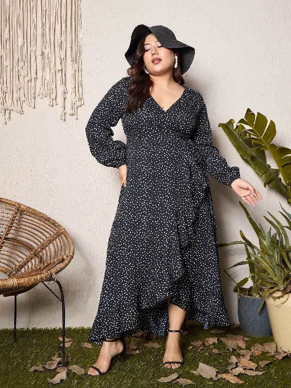 Berrylush Curve Women Black & White Polka Dot Printed V-Neck Bishop Sleeves Waist Tie-Up Tulip Hem Wrap Ruffled Maxi Dress