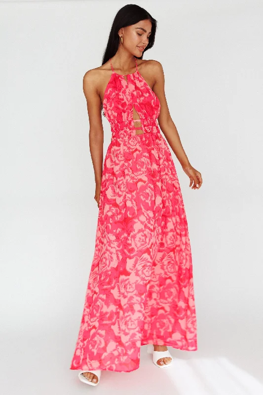 Cyndi Open Back Halterneck Maxi Dress Floral Pink