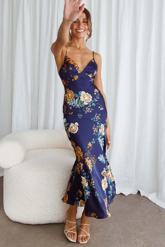 Downtown Cami Strap Front Split Midi Dress Oriental Flower Print Navy