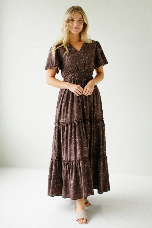 'Elizabeth' Floral Print Tiered Maxi Dress in Dusty Brown