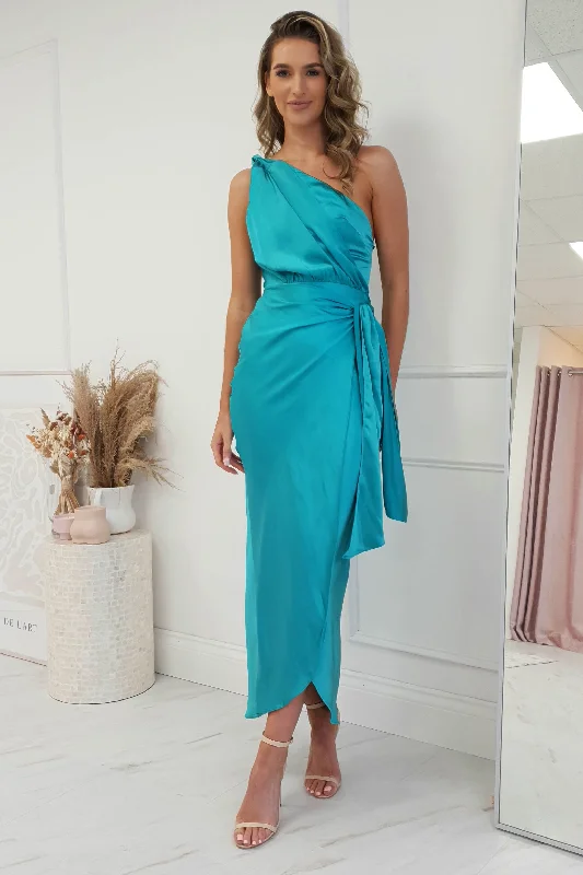 Estelle One Shoulder Satin Midi Dress | Aqua