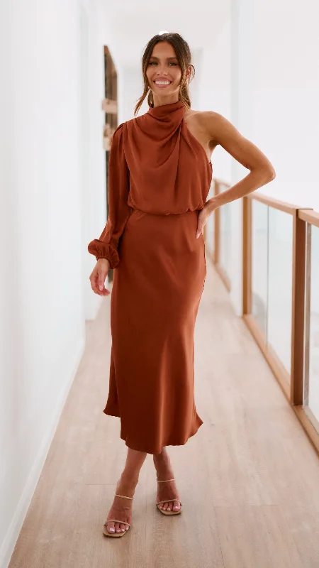 Esther One Shoulder Long Sleeve Dress - Copper