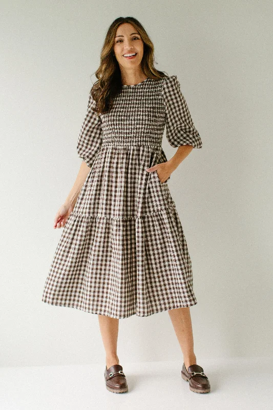 'Felicity' Smocked Bodice Brown Gingham Midi Dress in Ivory