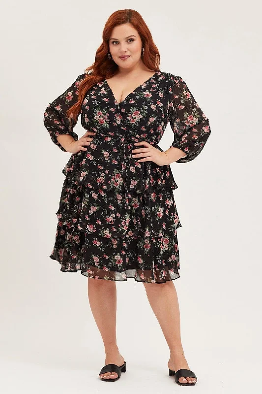 Floral Print Midi Dress V-neck Long Sleeve