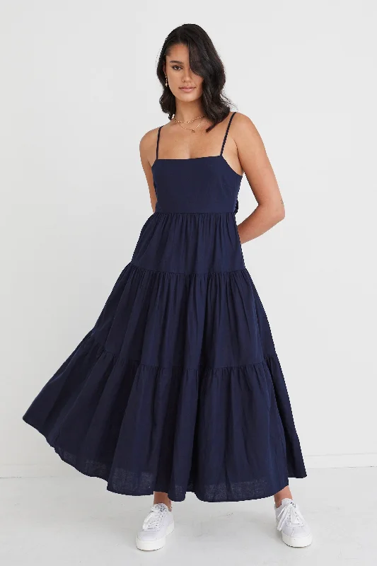 Galaxy Navy Linen Tie Back Tiered Strappy Maxi Dress