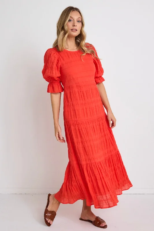 Gratitude Blood Orange Bubble SS Tiered Maxi Dress