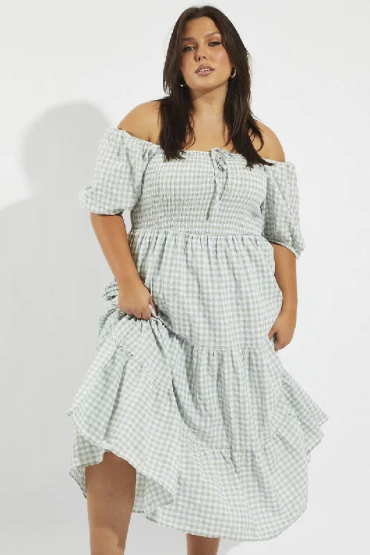 Green Check Maxi Dress Short Sleeve Shirred