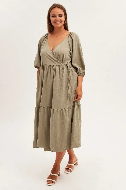 Green Maxi Dress Wrap Short Sleeve