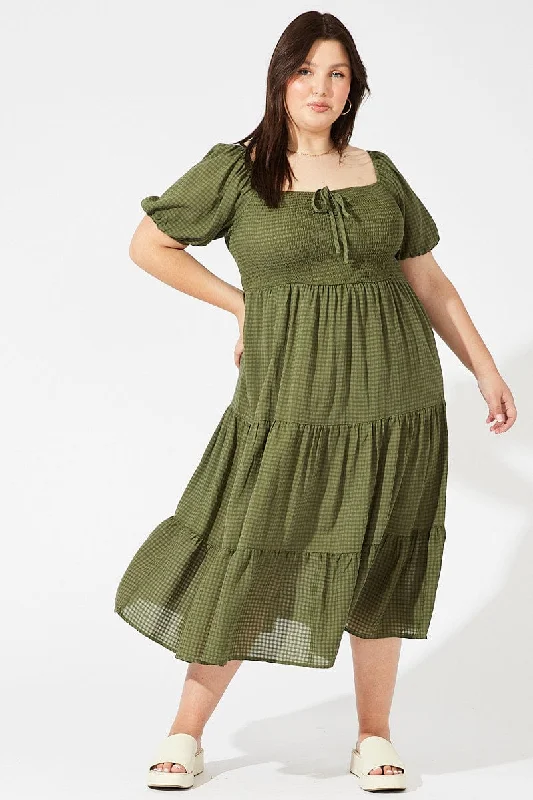 Green Midi Dress Short Sleeve Shirred