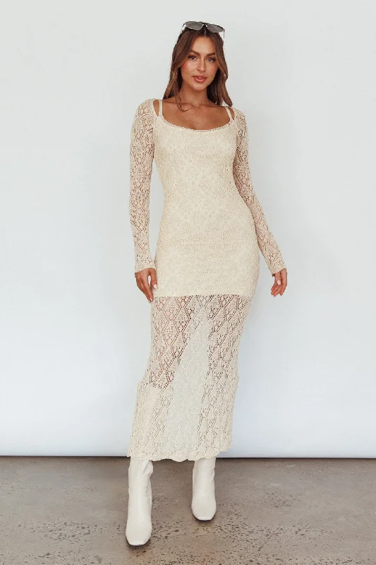 Happy Place Long Sleeve Crochet Midi Dress Beige