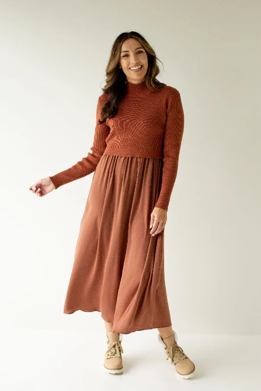 'Harriet' Muted Satin Sweater Mixed Maxi Dress in Cinnamon