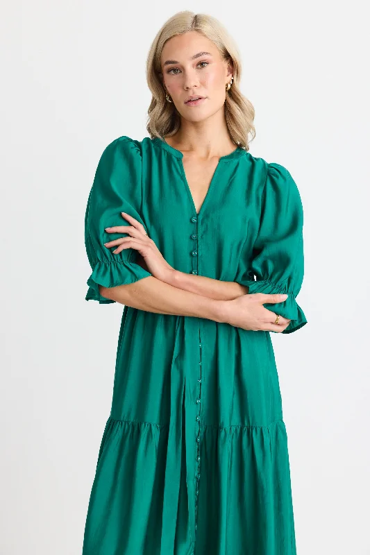 Irresistible Pine SS Button Front Tiered Maxi Dress