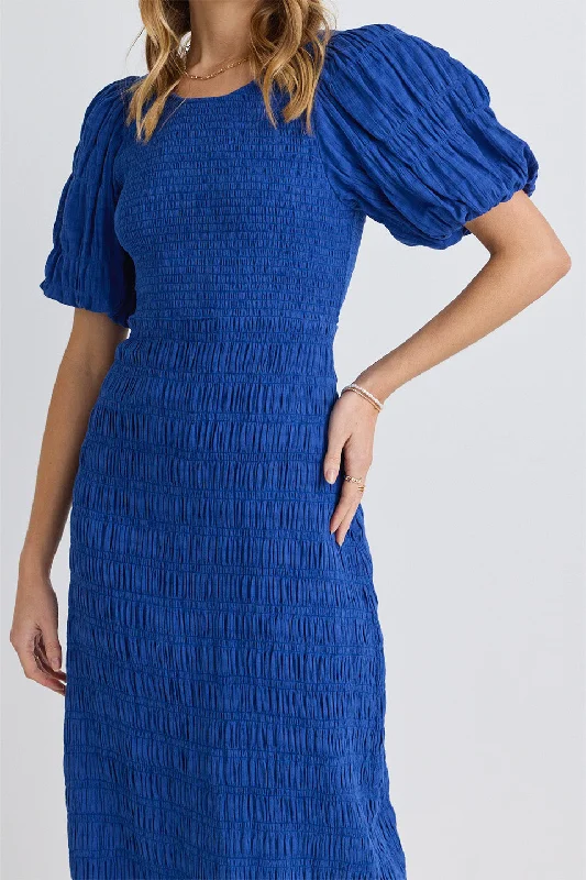 Jade Electric Blue Puff Sleeve Ruched Maxi Dress