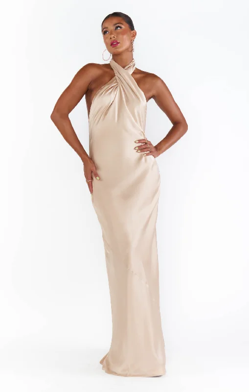 Jasmine Halter Maxi Dress ~ Champagne Luxe Satin