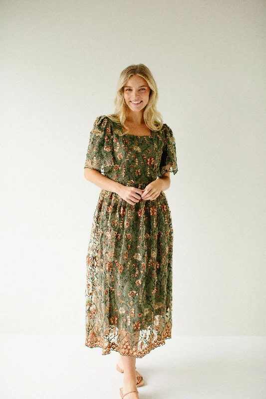 'Jeanette' Square Neck Embroidered Floral Mesh Midi Dress in Olive