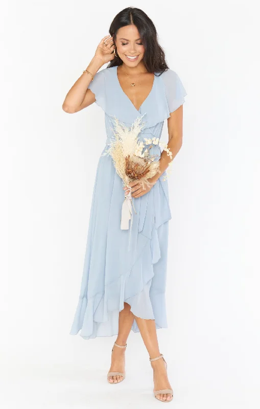 Jess Ruffle Midi Dress ~ Steel Blue Chiffon