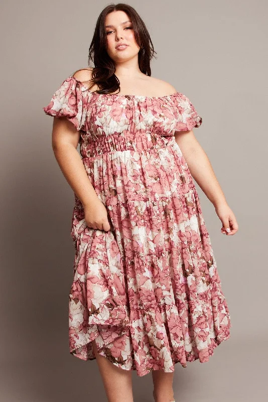 Pink Floral Midi Dress Short Sleeve Ruched