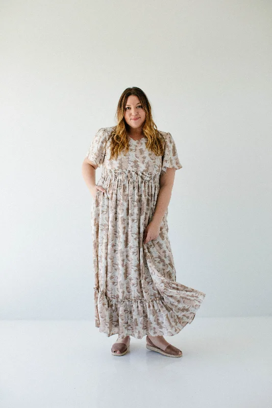 Plus 'Delphi' V-Neck Flutter Sleeve Abstract Print Maxi Dress in Taupe FINAL SALE