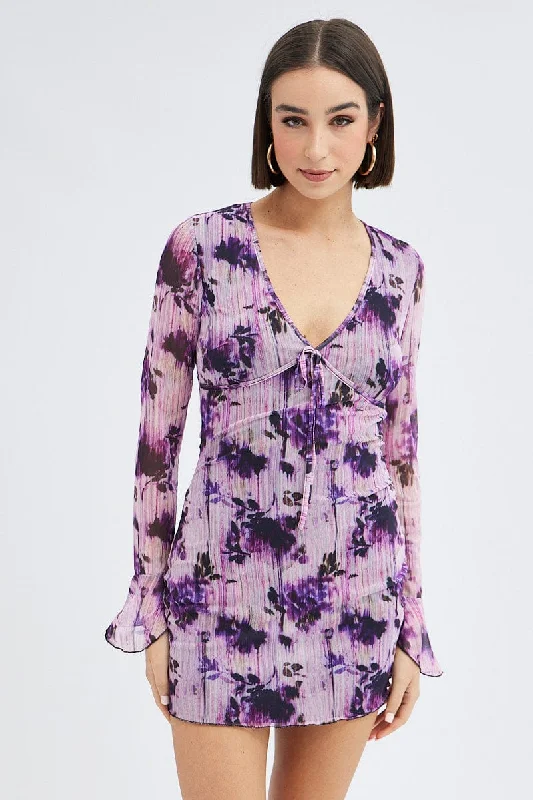 Purple Floral Mesh Dress Long Sleeve Mini