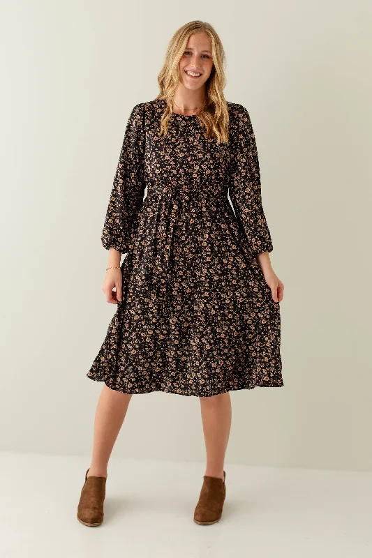 'Ramona' Long Sleeve Floral Midi Dress in Dark Navy