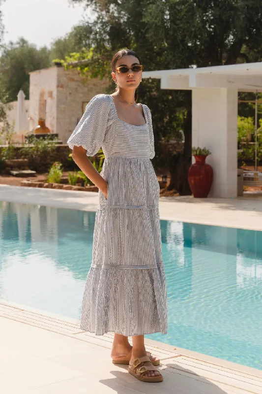 Sparrow Blue Stripe Puff Short Sleeve Tiered Maxi Dress