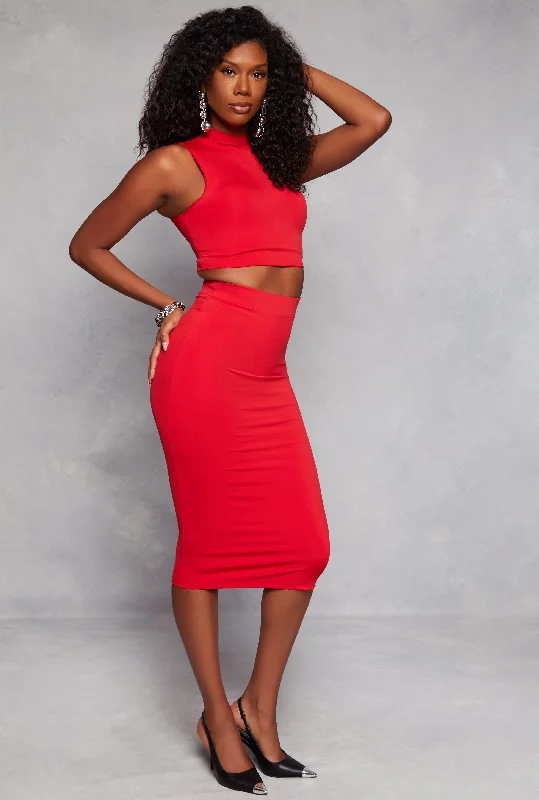 Stretch High Waisted Midi Pencil Skirt