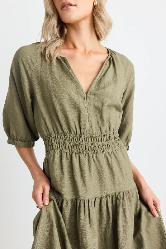 Retreat Soft Khaki Linen Blend SS Tiered Maxi Dress