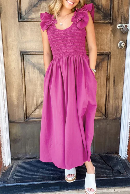 Solid Color Ruffled Straps Smocked Ruched Maxi Dress