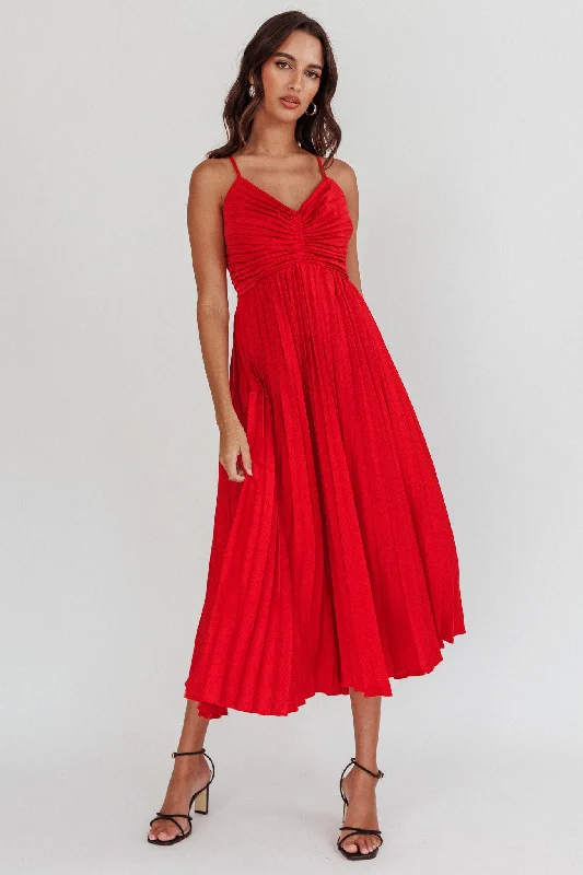 Spoken For Accordion Pleat Midi Dress Red