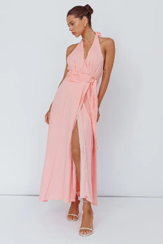 Spring Feels Halterneck Belt Maxi Dress Peach