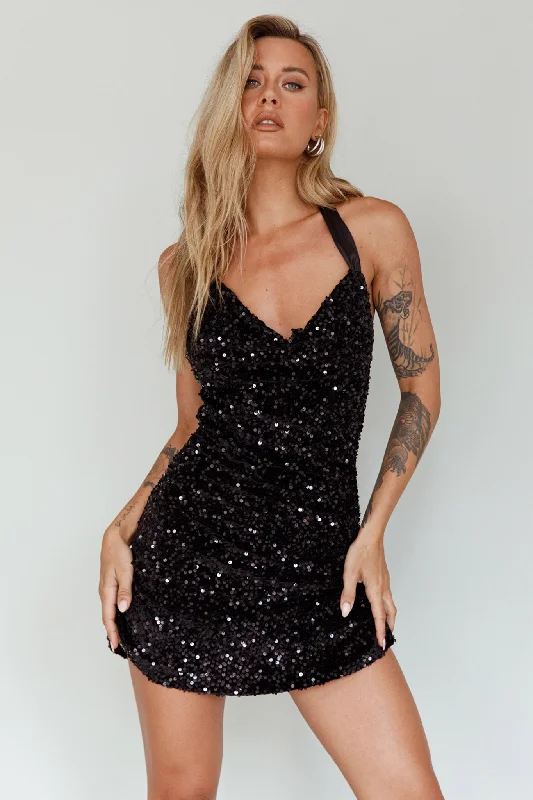 Star Lights Halterneck Mini Dress Sequin Black