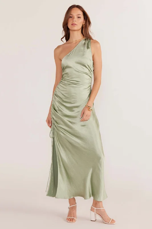 Verda Sage One Shoulder Satin Midi Dress