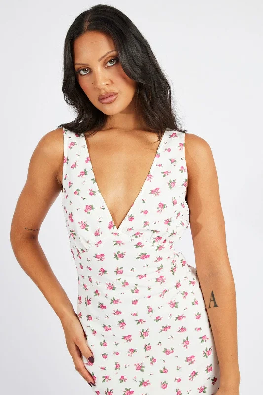 White Floral Maxi Dress V-Neck Sleeveless