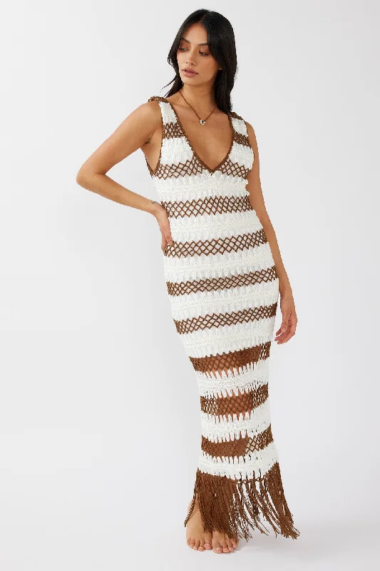 Ximena Tassel Hem Crochet Midi Dress White/Mocha