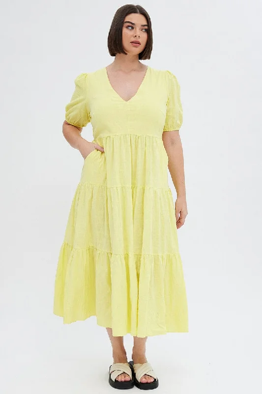 Yellow Maxi Dress Tiered Puff Sleeve V-neck