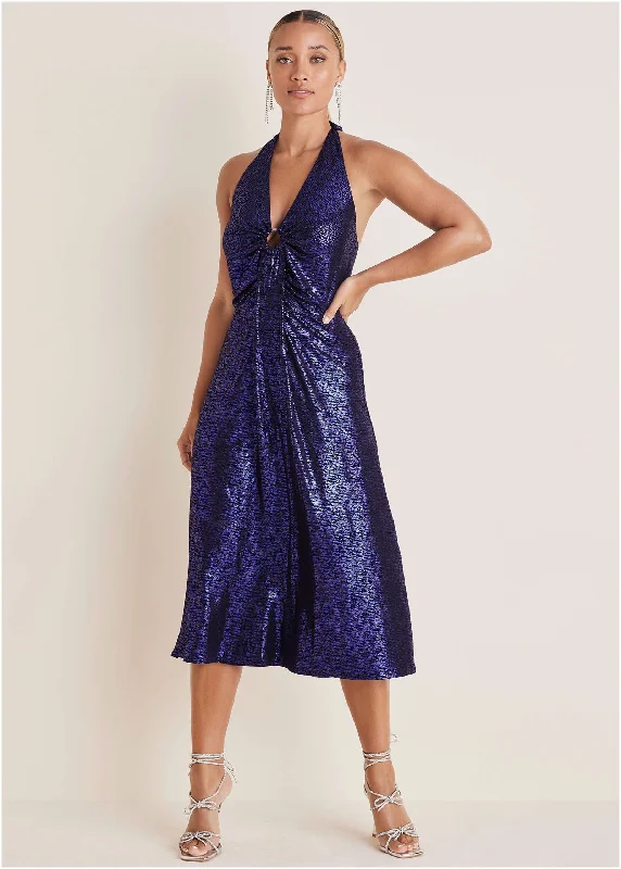 Metallic Halter Midi Dress - Deep Blue